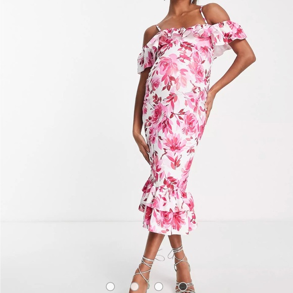 ASOS DESIGN Maternity ruffle midi dress pink floral print US 12 NWT NEVER WORN - Picture 1 of 7